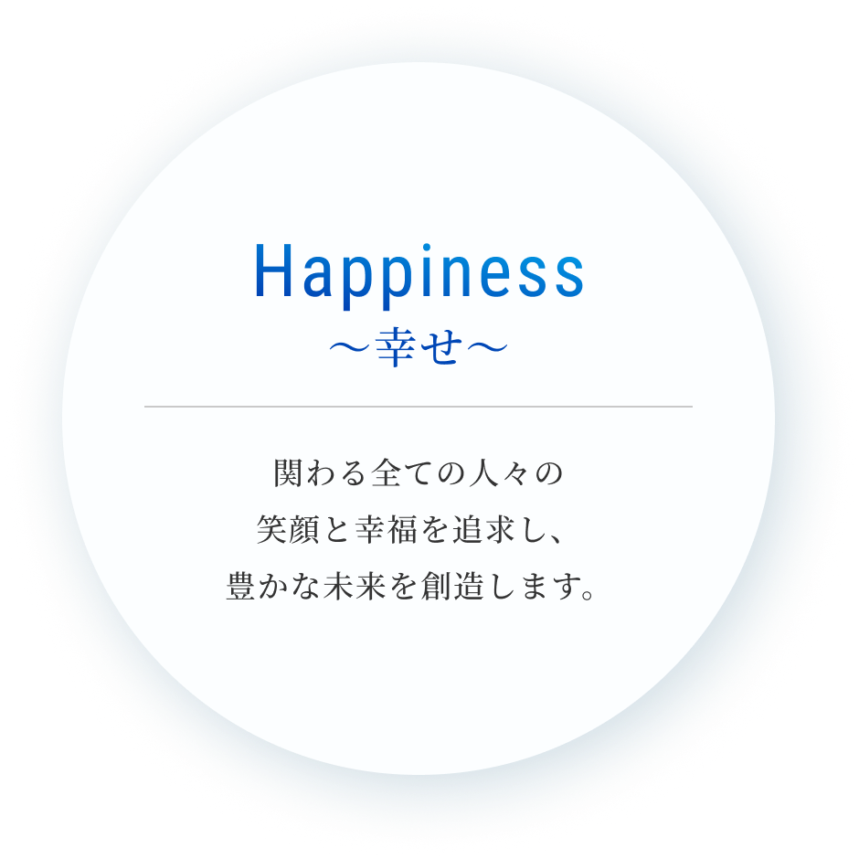 Happiness 〜幸せ〜 関わる全ての人々の 笑顔と幸福を追求し、 豊かな未来を創造します。