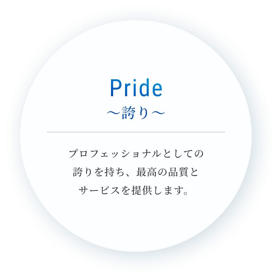 Pride 〜誇り〜 プロフェッショナルとしての
誇りを持ち、最高の品質と
サービスを提供します。